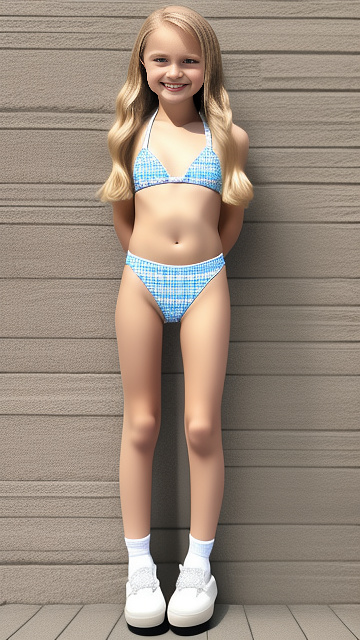 Realistic, detailed 12-year-old, blonde haired girl, wearing her bikini, full body length, wearing her rubber shoes, wearing her knee length socks, pale skin, standing, cute pose, winking while smiling with tongue out in custom style
