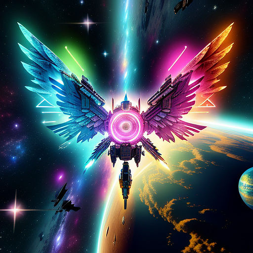 A cheerful transformer flies through space against the backdrop of planets. in angelcore style