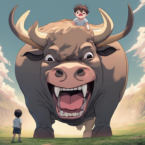 Tiny shrunken boy gets swallowed inside the big, wide open mouth of a huge, fat, stinking, hungry giant bull in anime style