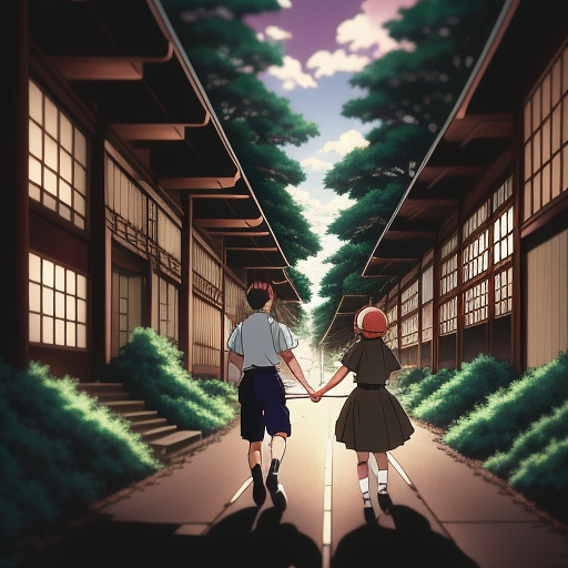 Male and female prisoner holding hands as they run past prison into a dark forest 1930's  in anime style
