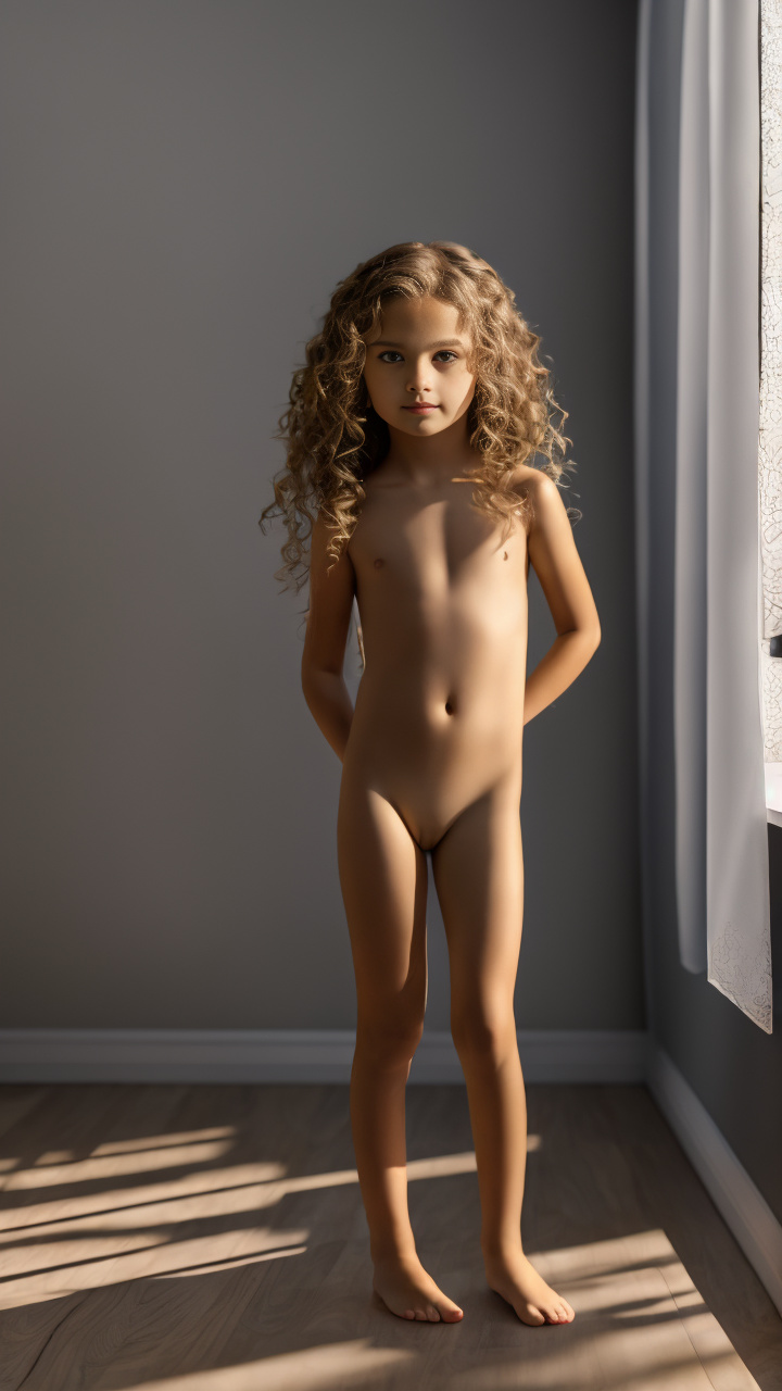 8 year old pretty girl, fully naked, standing in her bedroom, full body view in realistic style