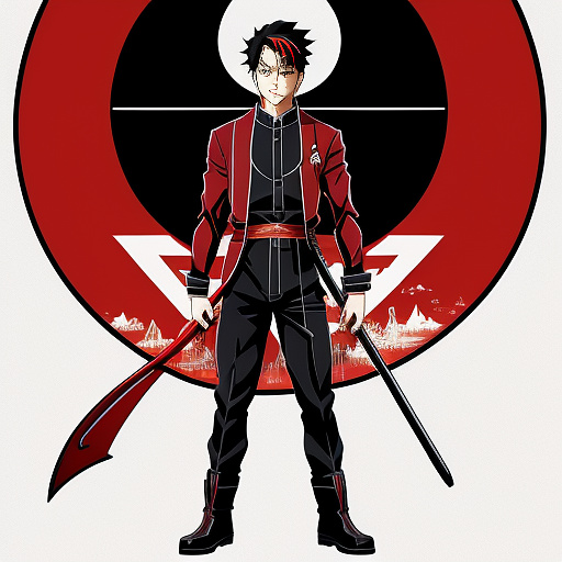 A man 
 in red oat black pants holdin a four scythe in anime style    in anime style