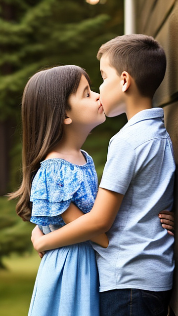 A romantic moment between childhood couple in canada. the 11-year-old boy is kissing his hot sexy girlfriend, wearing her hot modern canadian clothes.  in custom style