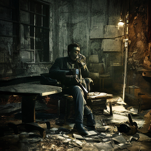 In a dark room, there is a telephone and a gun on the table. a man is sitting on a chair, and he is dead. in custom style