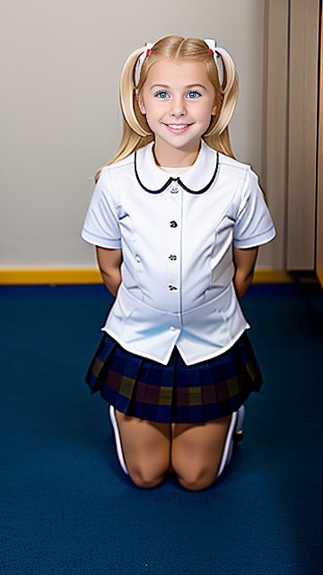 White smiling blonde 7yr school girl, on her knees looking up sideways towards a 30yr man, both people shown  in custom style