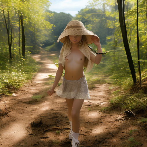 A 9-year-old girl is skipping along a forest path. she has a basket in her hands and a sun hat on her head. she's naked in custom style