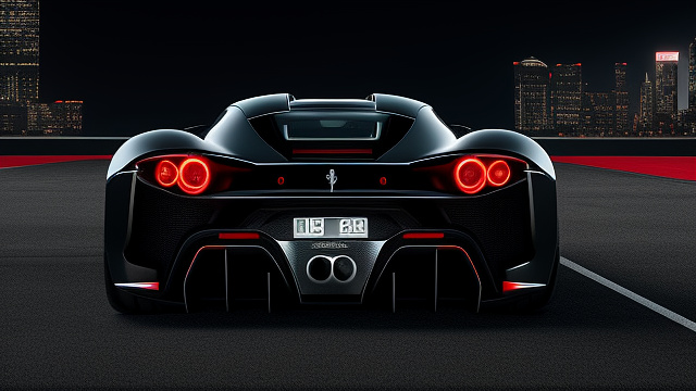 Front image showcases a stunning redesigned 250 ferrari testa rossa, inspired by the classic 1957 model but reimagined with a futuristic and sleek aesthetic. the car is finished in a vibrant rossa corsa, complemented by traditional white racing stripes running from the front hood to the rear, adding a classic racing heritage touch.

the front of the car features a sharp, aggressive design with slim, high-tech led headlights and a continuous blue led light strip above the large black grille. the iconic chrome prancing horse emblem is prominently displayed on the grille, polished and detailed to stand out.

the body is aerodynamic with smooth, flowing curves and sculpted side air intakes. the wheels are large, sporty, and modern with intricate black and silver rims bearing the ferrari logo at the center. the car is an open cockpit, maintaining a streamlined look.
 in cyberpunk style