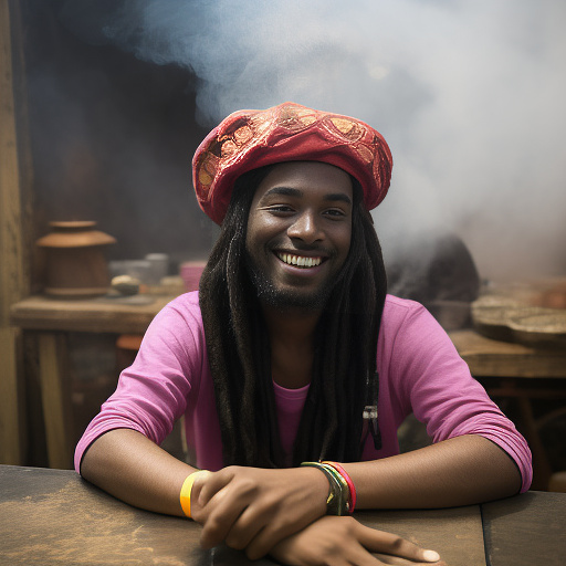 A black rastafarian is sitting on a worktable, smiling happily and smoking. the room is smoky. he's wearing a pink cap. in custom style
