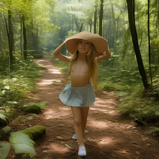 A 9-year-old girl is skipping along a forest path. she has a basket in her hands and a sun hat on her head. she's naked in custom style