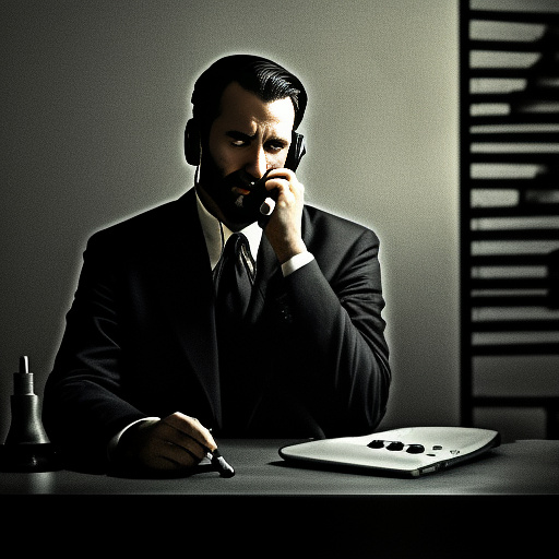 In a dark room, there is a telephone and a gun on the table. a man is sitting on a chair, and he is dead. in custom style