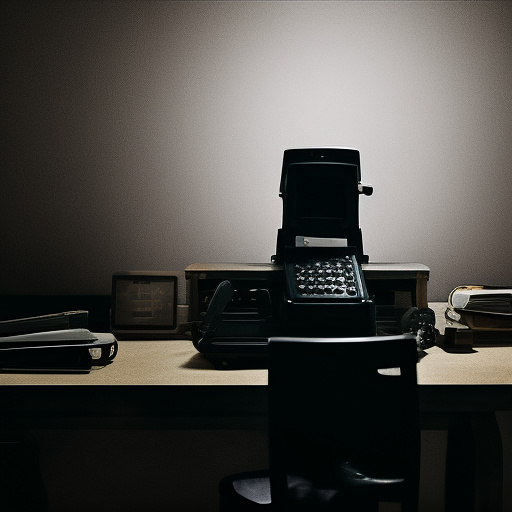 In a dark room, there is a telephone and a gun on the table. a man is sitting on a chair, and he is dead. in custom style