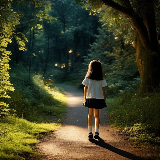 A 9-year-old girl is walking along a forest path. it's evening. she has a basket in her hand. view from behind. in custom style