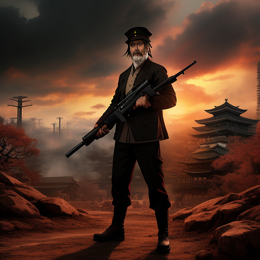 Zombie communist, holding a gun, standing on a battlefield, commanding zombies to charge in anime style