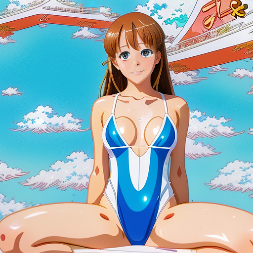 14 yo girl in a crem swimsuit spreading legs in anime style