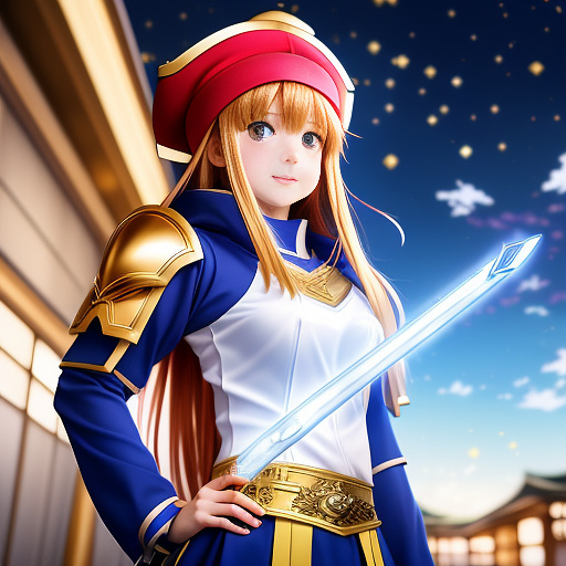 Girl with red heart wearing blue battle armor with gold trimmings and a blue beanie holding a gold sword in anime style