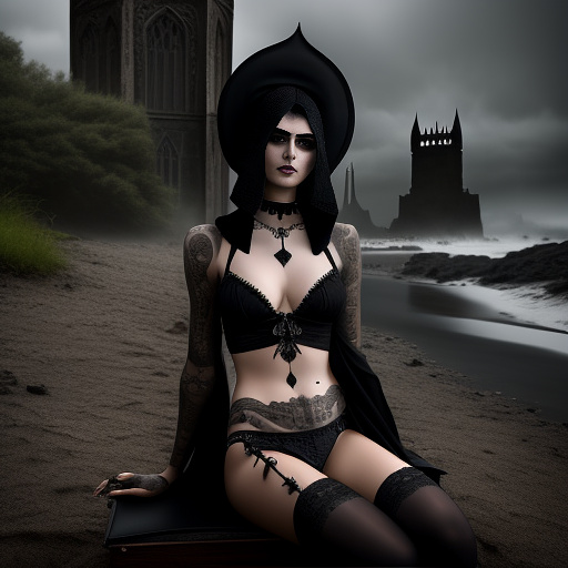 Iranian girl, 25 years old, black undercut hair, brown eyes, 175 cm tall, 66 kg, wearing a white bikini, she's in a beach,chest size 75, tattoo on her legs, the photo is full-length.sitina backwards on a chair,hre pussy is wet in gothic style