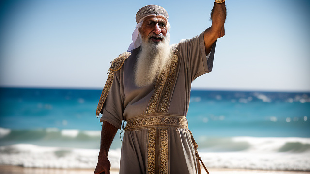 Older middle eastern man lifting his hands high with a staff in his hands, ocean partingon either side of him, 4k, facing away from the camera, middle esatern biblical outfit, staff in his hand, sea parted in two in custom style