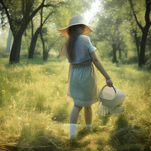 A girl is skipping across a sunny lawn. she has a basket in her hands and a hat on her head. in custom style