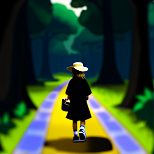 A tired 9-year-old girl is walking along a forest path. it's evening. she has a basket in her hand. she's wearing a panama hat. view from behind. in custom style