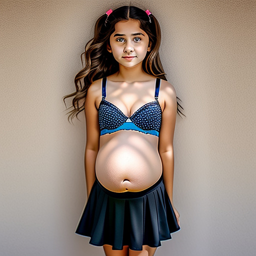Pregnant 13-year-old girl wearing a only a skirt and bra while showing her belly to the camera in custom style