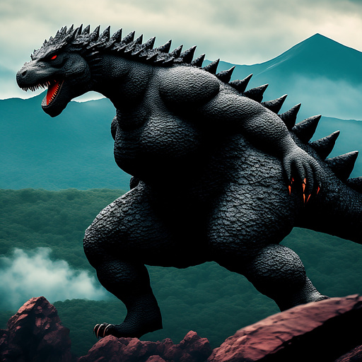 Female godzilla full body spherical inflation, head and limbs sinking in, bigger than mountain in custom style