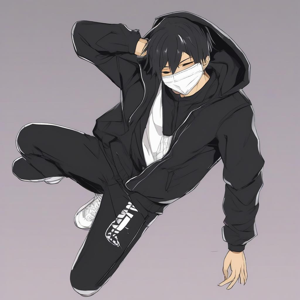 Male, black hair, black jacket zipped up, black shirt, black pants, black shoes, gator neck face mask, hood over head in anime style