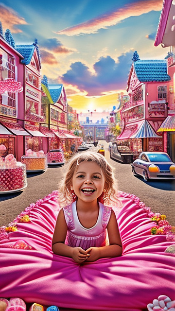 Realistic, detailed, 10-year-old blonde girl, pregnant, pink wedding outfit, showing belly, laying on bed, top down full body view, mouth open,  in kids painted style