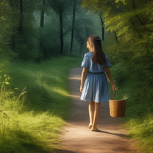 A 9-year-old girl is walking along a forest path. it's evening. she has a basket in her hand. view from behind. in custom style