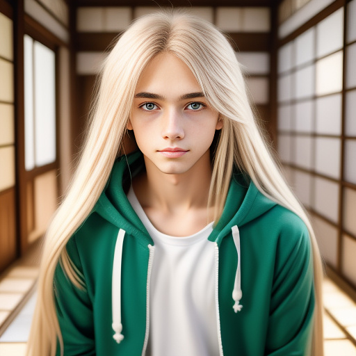 A young boy with white blonde straight very long hair and green eyes,pale blue hoodie,very pale friendly face  in anime style