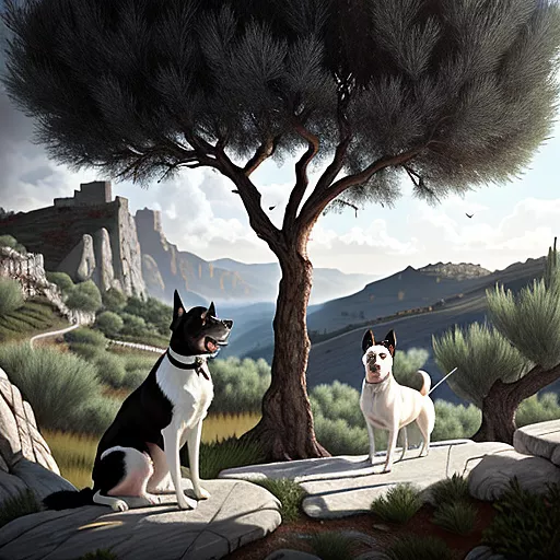 Two dogs (one larger, black-white dog and one black dog) below a huge olive tree that looks really wild and is torn by a storm in front of the background of a mountain landscape full of olive trees
 in darkfantasy style
