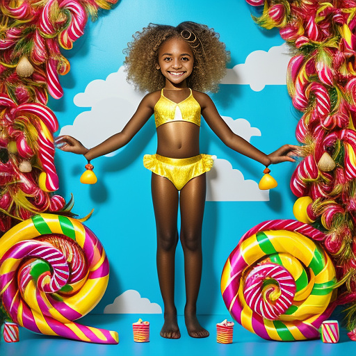 12 year old black girl wearing a gold yellow shiny bikini, curly hair, full body in kids painted style