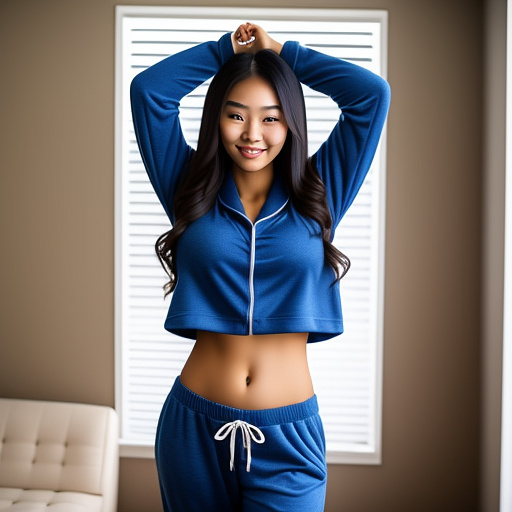 Sexy asian college student with her arms up and large boobs and in a cropped long sleeve loose hoodie and pajama pants and showing her whole belly and standing in the living room and full body picture in custom style