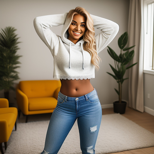 Curvy blonde college student with her arms up in a loose long sleeve cropped lace hoodie and long jeans pants and showing her belly and full body portrait and in the living room in custom style