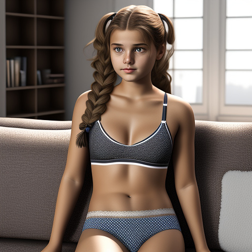 Ultra realistic a cute 14 year old german girl sits on the sofa in the living room in sexy underwear in custom style