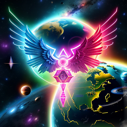 A cheerful transformer flies through space against the backdrop of planets. in angelcore style