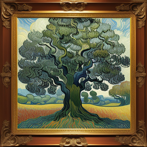 A surrealism drawing of a tree made out of faces, many faces peering out from the oak in neo impressionism style