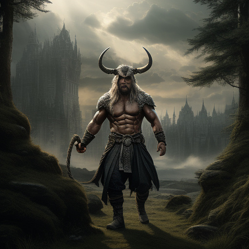 Long haired gray skinned buff man with horns and with rope tied around his hands  in darkfantasy style