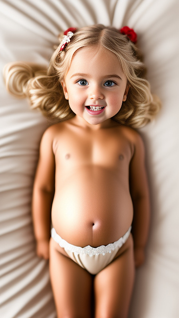 Realistic, detailed, 4-year-old blonde girl, pregnant, tan wedding outfit, showing belly, laying in bed, top down full body view, red blush, tan skin, mouth open, milk  in custom style