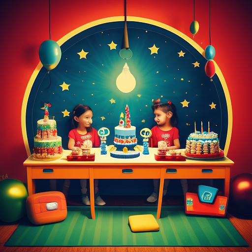 Nostalgic birthday party with alien kids, tool art style in custom style