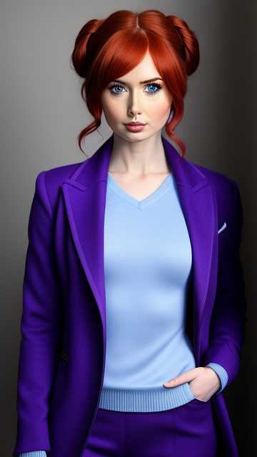 Karen gillan cosplaying as 'violet beauregarde' from 'willy wonka and the chocolate factory' in custom style