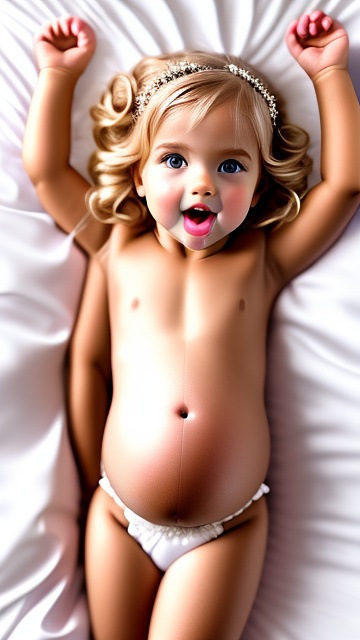 Realistic, detailed, 5-year-old blonde girl, pregnant, white wedding outfit, showing belly, laying in bed, top down full body view, red blush, black skin, mouth open,  in custom style