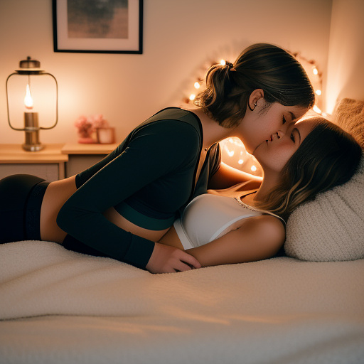A romantic moment between a childhood couple in a cozy bedroom. the grade-5 sexy hot girl, wearing a light, stylish bras and yoga pants, shares a gentle kiss with the grade-5 boy. the couple is in a loving embrace, surrounded by a comfortable and intimate atmosphere. the scene feels tender and affectionate, capturing the essence of love. in custom style