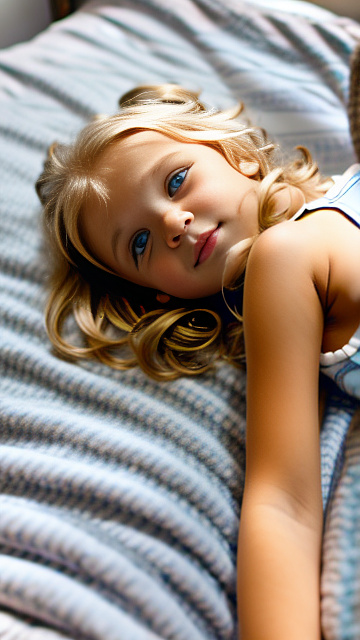 Cute white 5 year blonde girl, laying on bed in custom style