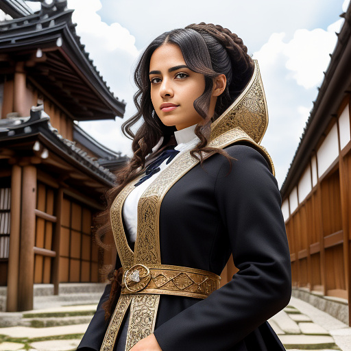 Medieval portrait of a strong hispanic woman, wearing a simple medieval coat in front of a library in anime style