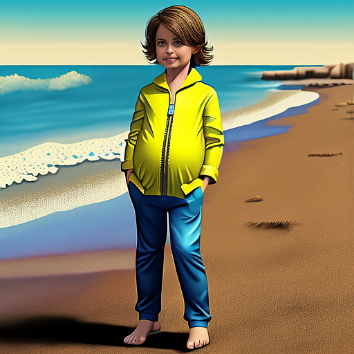 Realistic, detailed, pregnant, 7 years old boy, yellow jumpsuit, beach in custom style