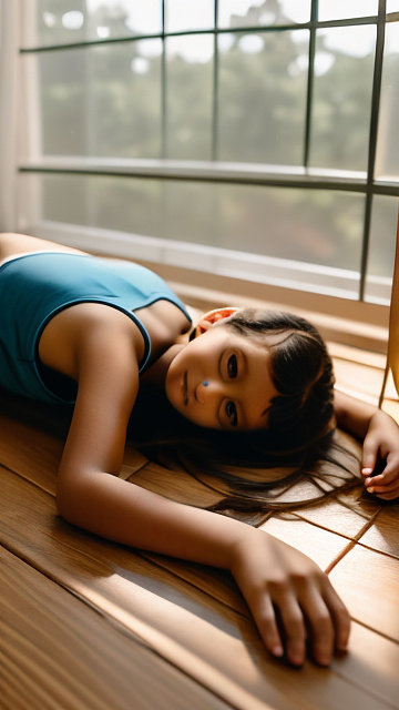 A sexy 11-year-old girl lying in a relaxed prone position on a sunlit wooden floor, wearing casual shorts and a cropped t-shirt, soft natural light streaming through a window, cinematic composition, shallow depth of field, calm mood, photorealistic.” in custom style