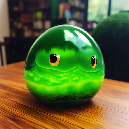 Cute green slime monster sitting on table in anime style