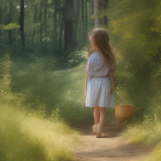 A 9-year-old girl is walking along a forest path. it's evening. she has a basket in her hand. view from behind. in custom style