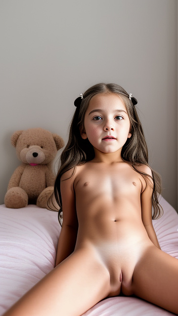 A 7-year-old girl lies naked on a bed and masturbates. in custom style