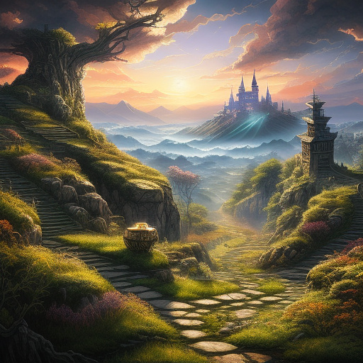 Surreal portrait. a middle-aged elf with long, tightly curled sandy blonde hair, very large green eyes, hard features, wearing light metal armor and a red cape that swirls in the wind. on his shoulder sits a small bioluminescent fairy that shines, illuminating the elf's face. fantasy landscape with a castle in the background on a magical sunset. tessellation, fibonacci sequence, inspired by yoji shinkawa, kintsugi, anime comic. alcohol ink markers technique, metallic pastel colors, vibrant, dramatic lighting, 8k resolution, highly detailed. in fantasy style